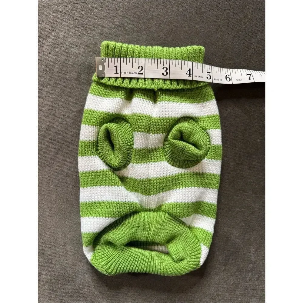 Green and White Striped Knit Pet Dog Cat Sweater Ribbed Turtle Neck Size M NEW